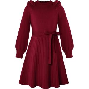 GRACE KARIN Girls Sweater Dress Fall Winter Knit Long Sleeve Ribbed Ruffle Waist Tie Size 5-12 Cream(Wine Red)