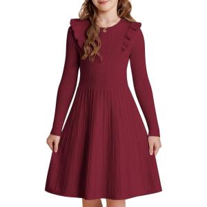 GRACE KARIN Girls Sweater Dress Fall Winter Long Sleeve Cable Knit Pullover Dresses for Girls 5-12Y(Burgundy)
