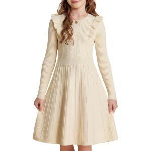 GRACE KARIN Girls Sweater Dress Fall Winter Long Sleeve Cable Knit Pullover Dresses for Girls 5-12Y(Cream)