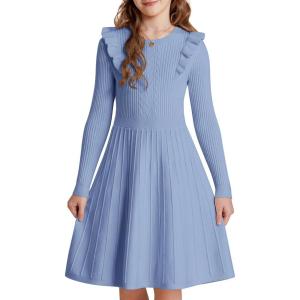GRACE KARIN Girls Sweater Dress Fall Winter Long Sleeve Cable Knit Pullover Dresses for Girls 5-12Y(Light Blue)