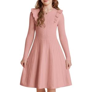 GRACE KARIN Girls Sweater Dress Fall Winter Long Sleeve Cable Knit Pullover Dresses for Girls 5-12Y(Pink)