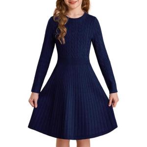 GRACE KARIN Girls Sweater Dress Long Sleeve Knit A Line Casual Midi Fall Winter Dresses 6-12 Years(Navy Blue)