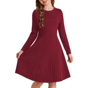 GRACE KARIN Girls Sweater Dress Long Sleeve Knit A Line Casual Midi Fall Winter Dresses 6-12 Years(Red)