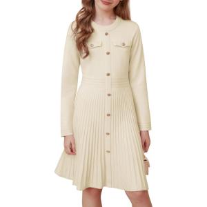 GRACE KARIN Girls Sweater Fall Dress Long Sleeve Knit Button Front Pleated A-Line Casual Winter Midi Dresses 5-14Y(Apricot)