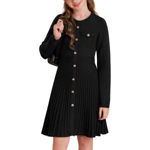GRACE KARIN Girls Sweater Fall Dress Long Sleeve Knit Button Front Pleated A-Line Casual Winter Midi Dresses 5-14Y(Black)