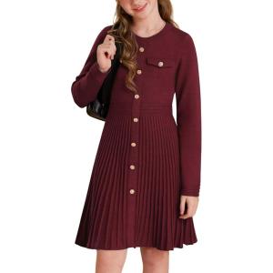 GRACE KARIN Girls Sweater Fall Dress Long Sleeve Knit Button Front Pleated A-Line Casual Winter Midi Dresses 5-14Y(Burgundy)