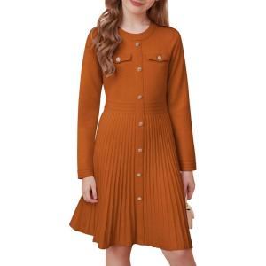 GRACE KARIN Girls Sweater Fall Dress Long Sleeve Knit Button Front Pleated A-Line Casual Winter Midi Dresses 5-14Y(Caramel)