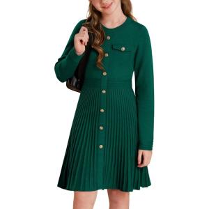 GRACE KARIN Girls Sweater Fall Dress Long Sleeve Knit Button Front Pleated A-Line Casual Winter Midi Dresses 5-14Y(Green)