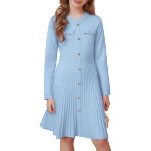 GRACE KARIN Girls Sweater Fall Dress Long Sleeve Knit Button Front Pleated A-Line Casual Winter Midi Dresses 5-14Y(Light Blue)