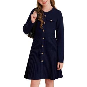 GRACE KARIN Girls Sweater Fall Dress Long Sleeve Knit Button Front Pleated A-Line Casual Winter Midi Dresses 5-14Y(Navy Blue)