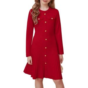 GRACE KARIN Girls Sweater Fall Dress Long Sleeve Knit Button Front Pleated A-Line Casual Winter Midi Dresses 5-14Y(Red)