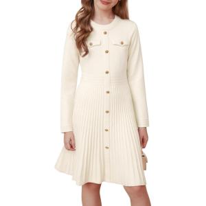 GRACE KARIN Girls Sweater Fall Dress Long Sleeve Knit Button Front Pleated A-Line Casual Winter Midi Dresses 5-14Y(White)