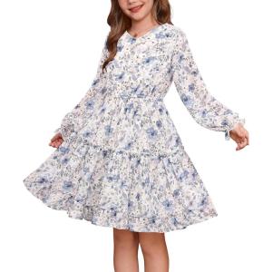 GRACE KARIN Girls V-Neck Floral Dresses 6-14Y Kids Long Sleeve Casual Fall Winter Christmas Holiday Hawaiian Flower Dress(Blue Floral)