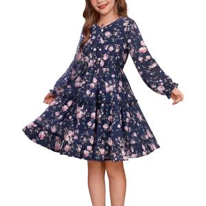 GRACE KARIN Girls V-Neck Floral Dresses 6-14Y Kids Long Sleeve Casual Fall Winter Christmas Holiday Hawaiian Flower Dress(Blue Pink Floral)