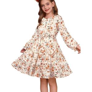 GRACE KARIN Girls V-Neck Floral Dresses 6-14Y Kids Long Sleeve Casual Fall Winter Christmas Holiday Hawaiian Flower Dress(Orange Floral)