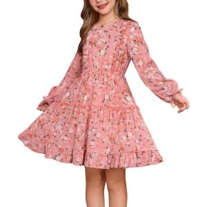 GRACE KARIN Girls V-Neck Floral Dresses 6-14Y Kids Long Sleeve Casual Fall Winter Christmas Holiday Hawaiian Flower Dress(Pink Floral)