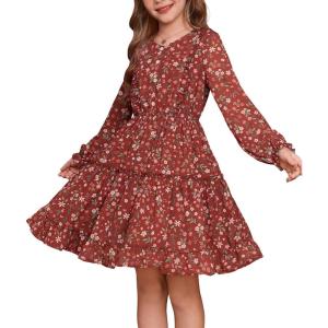GRACE KARIN Girls V-Neck Floral Dresses 6-14Y Kids Long Sleeve Casual Fall Winter Christmas Holiday Hawaiian Flower Dress(Red)