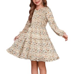 GRACE KARIN Girls V-Neck Floral Dresses 6-14Y Kids Long Sleeve Casual Fall Winter Christmas Holiday Hawaiian Flower Dress(White Floral)