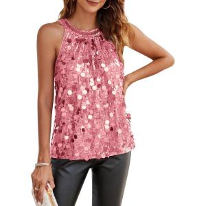 GRACE KARIN Halter Sequin Tank Tops for Women Sleeveless Sparkly Glitter Club Outfits Ruched Flowy Shiny Party Concert Shirt(Pink)