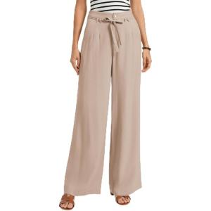 GRACE KARIN Linen Pants Women,Elastic High Waist Wide Leg Pants with Pockets,Comfy Beach Vacation Trousers(Apricot)