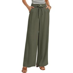 GRACE KARIN Linen Pants Women,Elastic High Waist Wide Leg Pants with Pockets,Comfy Beach Vacation Trousers(Army Green)