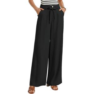 GRACE KARIN Linen Pants Women,Elastic High Waist Wide Leg Pants with Pockets,Comfy Beach Vacation Trousers(Black)