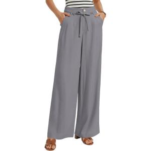 GRACE KARIN Linen Pants Women,Elastic High Waist Wide Leg Pants with Pockets,Comfy Beach Vacation Trousers(Gray)