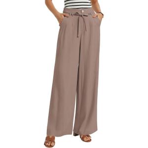 GRACE KARIN Linen Pants Women,Elastic High Waist Wide Leg Pants with Pockets,Comfy Beach Vacation Trousers(Khaki)