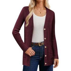 GRACE KARIN Long Cardigans for Women 2025, Cable Knit Cardigan Sweaters with Pockets, Early Fall Fashion 2025(Red)