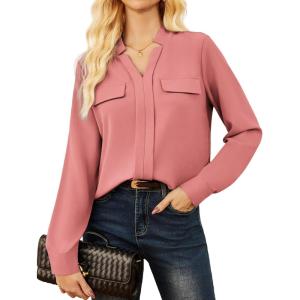 GRACE KARIN Long Sleeve Women Dressy Casual Tops, Elegant Work Blouses Fall Outfits, 2025 V Neck Business Shirts(Coral)