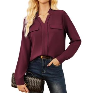 GRACE KARIN Long Sleeve Women Dressy Casual Tops, Elegant Work Blouses Fall Outfits, 2025 V Neck Business Shirts(Wine Red)