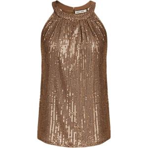 GRACE KARIN Sequin Halter Tops for Women Sleeveless Sparkly Shiny Tank Tops Ruched Flowy Sparkly Club Outfits Party Shirt(Brown)