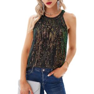 GRACE KARIN Sequin Halter Tops for Women Sleeveless Sparkly Shiny Tank Tops Ruched Flowy Sparkly Club Outfits Party Shirt(Dazzling-black)