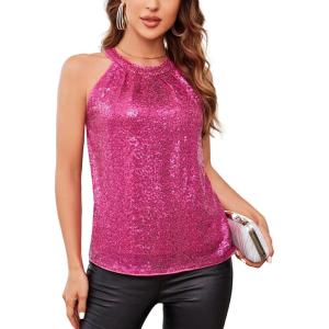 GRACE KARIN Sequin Halter Tops for Women Sleeveless Sparkly Shiny Tank Tops Ruched Flowy Sparkly Club Outfits Party Shirt(Rose Red)