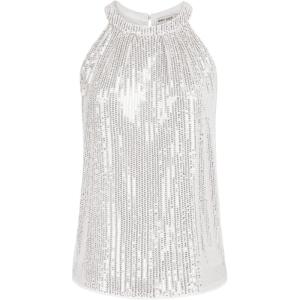 GRACE KARIN Sequin Halter Tops for Women Sleeveless Sparkly Shiny Tank Tops Ruched Flowy Sparkly Club Outfits Party Shirt(Silver White)