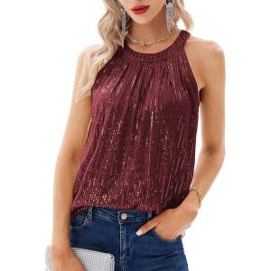 GRACE KARIN Sequin Halter Tops for Women Sleeveless Sparkly Shiny Tank Tops Ruched Flowy Sparkly Club Outfits Party Shirt(Wine Red)
