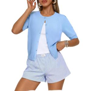 GRACE KARIN Short Sleeve Cardigans for Women, Spring Cropped Cotton Sweaters, Trendy Crew Neck Button Up Tops Casual,(Light Blue)