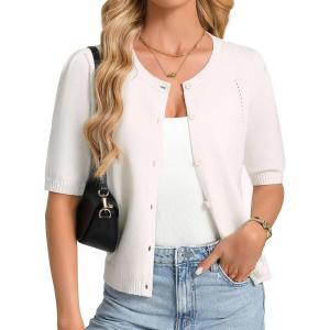 GRACE KARIN Short Sleeve Cardigans for Women, Spring Cropped Cotton Sweaters, Trendy Crew Neck Button Up Tops Casual,(White)