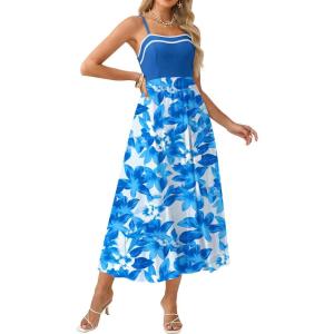 GRACE KARIN Summer Dresses for Women 2026,Color Block Floral Maxi Dress,Spaghetti Strap A Line Dresses with Pockets(Blue White Floral)