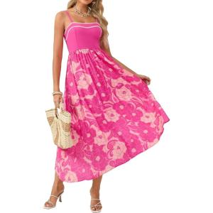 GRACE KARIN Summer Dresses for Women 2026,Color Block Floral Maxi Dress,Spaghetti Strap A Line Dresses with Pockets(Rose Red Floral)