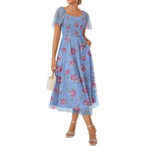 GRACE KARIN Summer Floral Maxi Dress for Women,Square Neck Formal Dress,Short Sleeve Wedding Guest Dresses(Floral Blue)