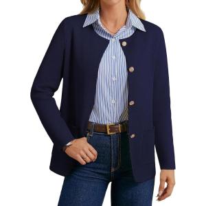 GRACE KARIN Sweater Blazers for Women 2025 Casual Button up Cardigan Sweater Open Front Knit Blazer Jacket with Pockets(Navy Blue)