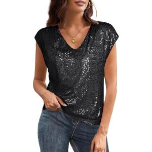 GRACE KARIN V Neck Sequin Short Sleeve Tops for Women Elastic Sparkly Tank Top for Party(Black)