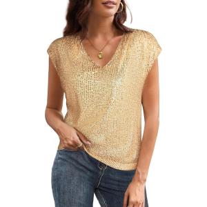 GRACE KARIN V Neck Sequin Short Sleeve Tops for Women Elastic Sparkly Tank Top for Party(Dark Gold)