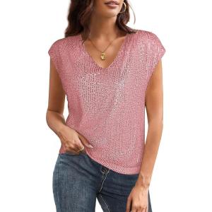 GRACE KARIN V Neck Sequin Short Sleeve Tops for Women Elastic Sparkly Tank Top for Party(Light Pink)