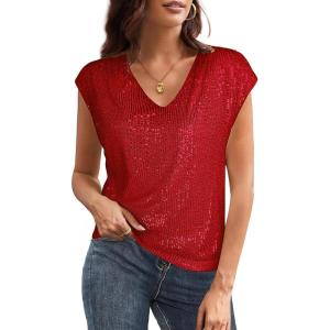 GRACE KARIN V Neck Sequin Short Sleeve Tops for Women Elastic Sparkly Tank Top for Party(Red)