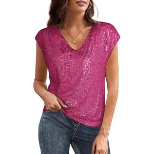 GRACE KARIN V Neck Sequin Short Sleeve Tops for Women Elastic Sparkly Tank Top for Party(Rose Red)