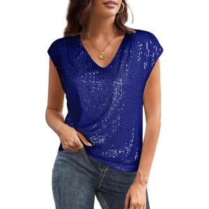GRACE KARIN V Neck Sequin Short Sleeve Tops for Women Elastic Sparkly Tank Top for Party(Royal Blue)