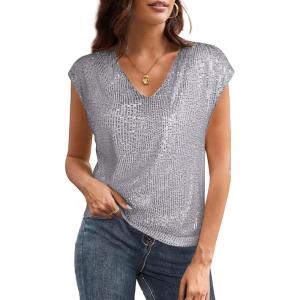 GRACE KARIN V Neck Sequin Short Sleeve Tops for Women Elastic Sparkly Tank Top for Party(Silver Gray)