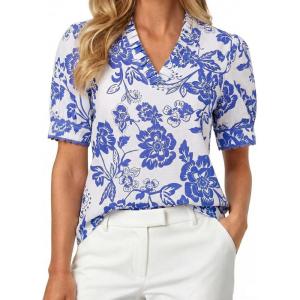 GRACE KARIN Women Boho Floral Tops, Summer Puff Short Sleeve Dressy Casual Shirts, 2026 Spring V Neck Vacation Work Blouse(Blue White)